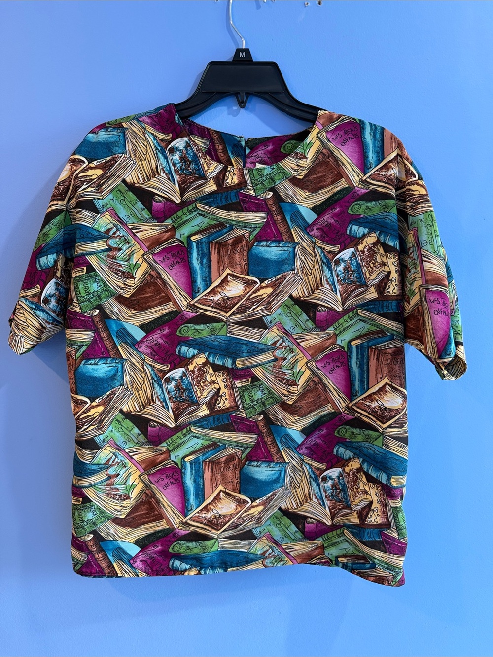 Vintage Che Studio Book Print Short Sleeve Blouse Medium Librarian Teacher